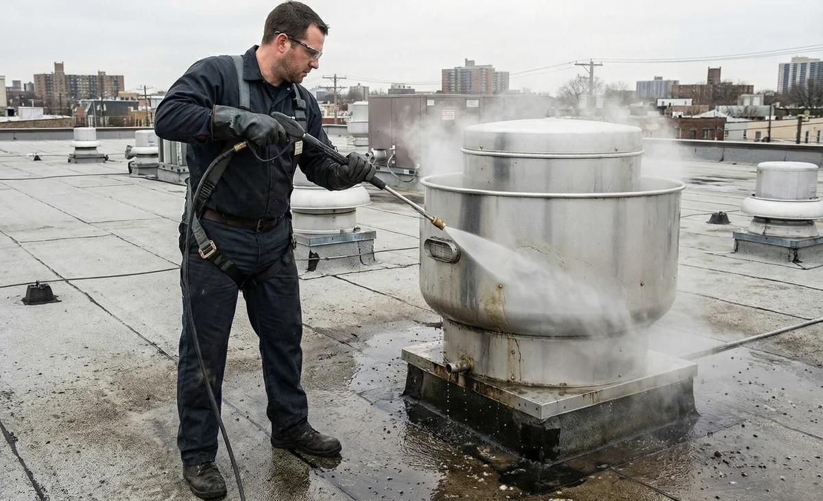 A technician on a commercial building rooftop pressure-washing a kitchen exhaust fan housing, with visible steam rising and a city skyline in the background.